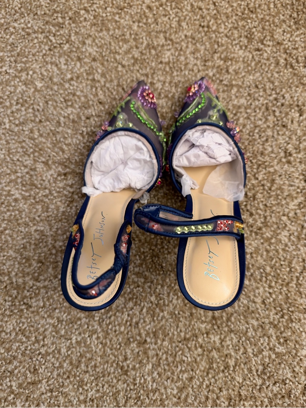 Betsey Johnson Navy Mesh Slingback Heels with Multicolor Floral Embellishments - Picture 3 of 7